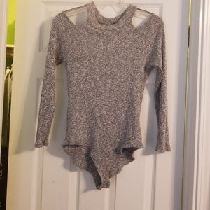 Grey long sleeve open shoulder bodysuit